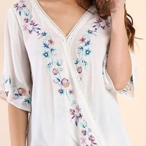 Off-White Embroidered Top with Crochet Trim